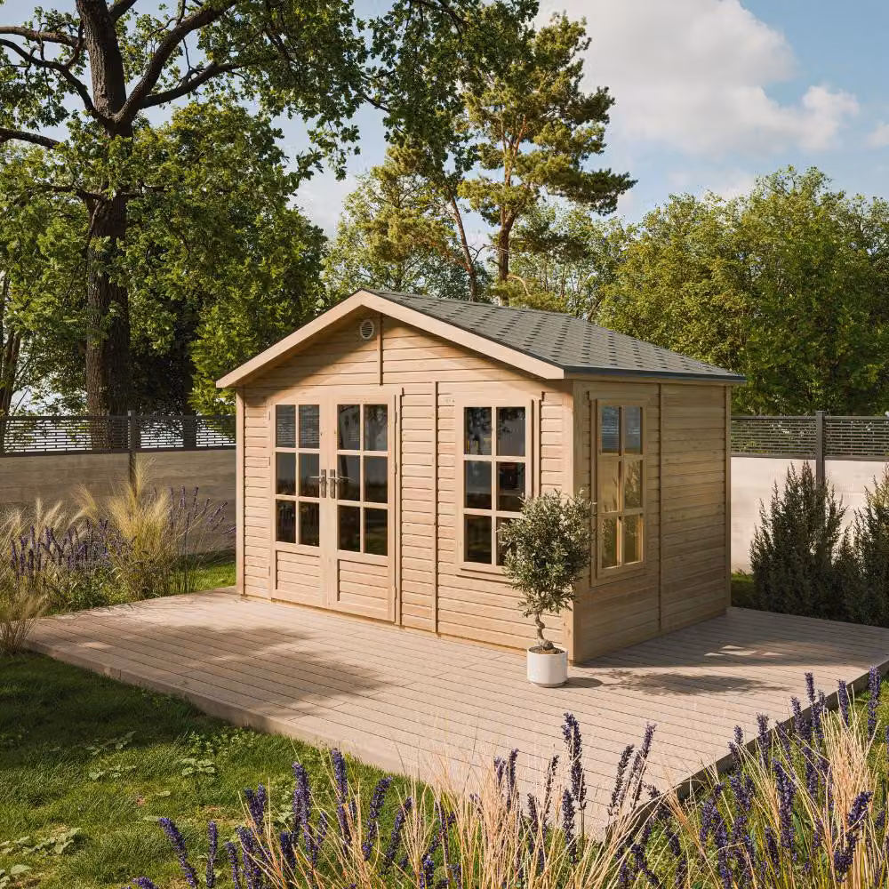 TIMBELA M735 Casetta da Giardino in Legno 370 x 360 cm, Capanno da Giardino con 3 Finestre in Vetro Temperato, Porta Vetrata, Tetto con Tegole Bituminose, Senza Pavimento