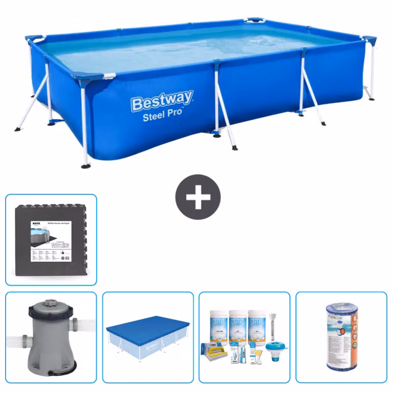 Piscina Bestway Pro rettangolare in acciaio - 300 x 201 x 66 cm - blu - inclusa copertura della pompa - pacchetto manutenzione - filtro - piastrelle per il pavimento