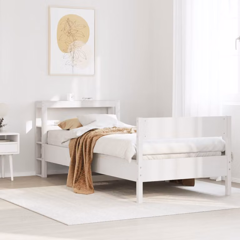 vidaXL Letto in Legno Massello di Pino Bianco con Doghe Fisse e Ripiani Laterali L: 75 cm, P: 190 cm, H: 82 cm
