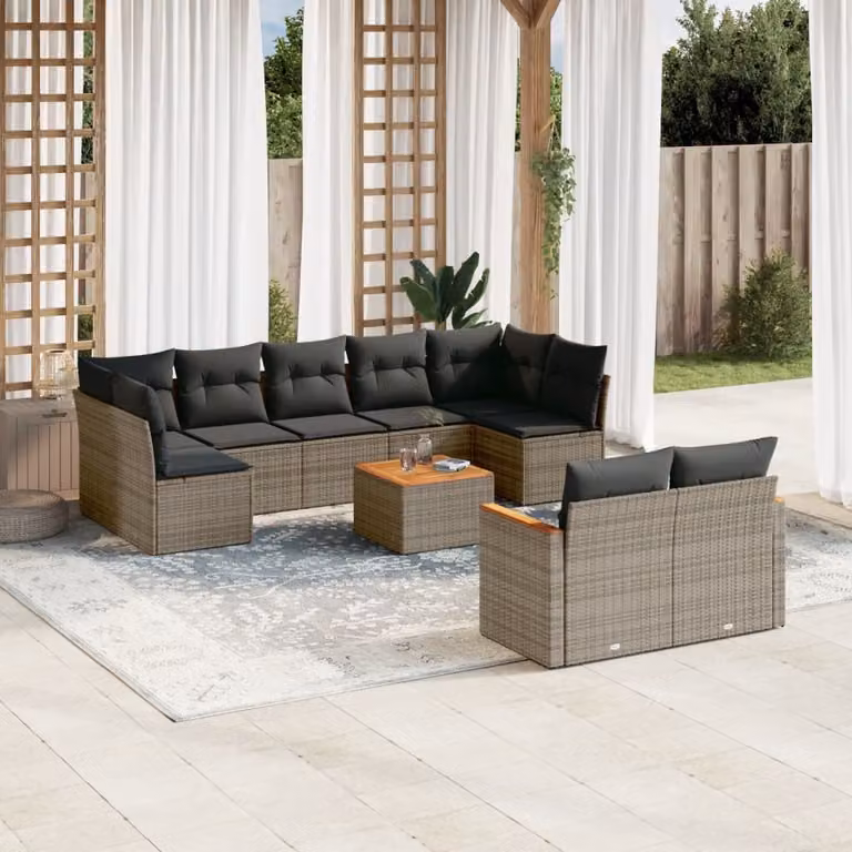 Set Divano da Giardino vidaXL 10 pz a forma a U in Polyrattan Grigio con Cuscini e Tavolino