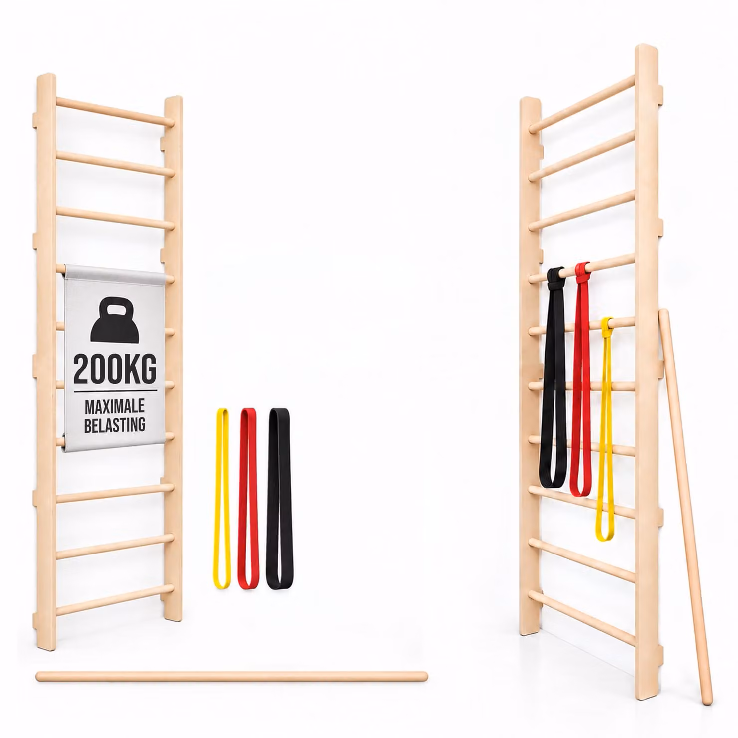 MAMOI Spalliera svedese per casa con elastici e bastone da allenamento, Spalliera fitness a parete con bande elastiche e bastone