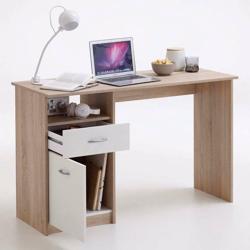 Scrivania FMD con 1 cassetto 123×50×76,5 cm in rovere marrone e bianco