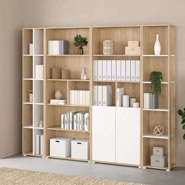 Parete attrezzata Litvjak DMORA per soggiorno con mobile porta TV, Rovere e Bianco, L: 241 cm, H: 205 cm, P: 34 cm – 1