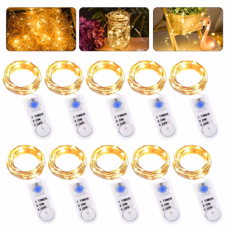 Catena luminosa a LED, set da 10, lunghezza 2 metri, 20 LED, luce bianco caldo, alimentazione a batteria