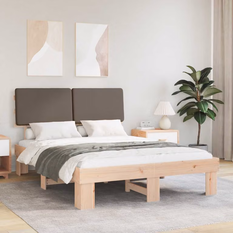 Letto con Testiera Rivestita in Pino Massello vidaXL, Colore Beige o Grigio, 140 x 200 cm
