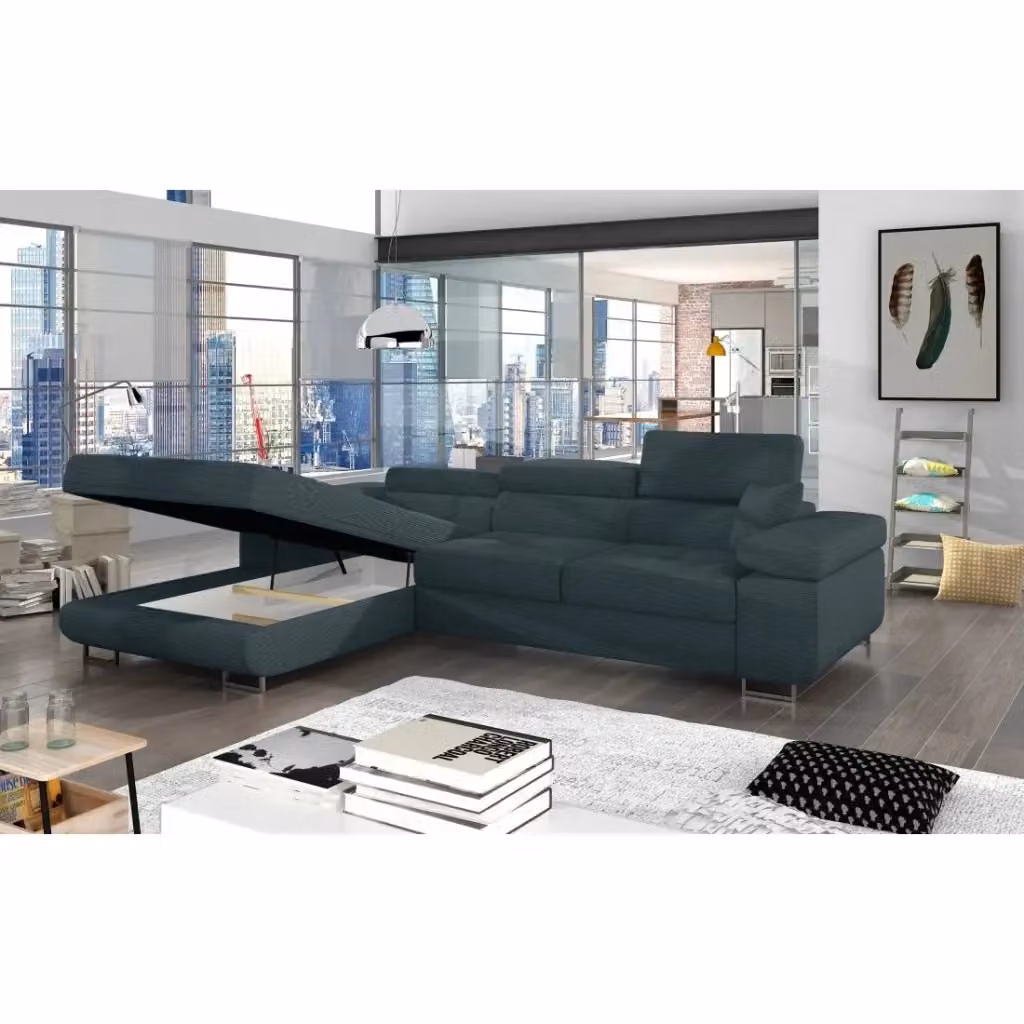 Divano ad angolo convertibile AMANDA MEUBLORAMA in velluto a coste blu petrolio con contenitore a sinistra e funzione letto, L 280 x P 149 x H 90 cm – 2
