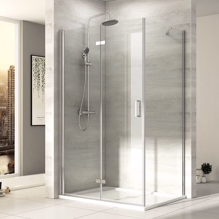 Cabina doccia EMKE 75 x 90 x 195 cm con ingresso angolare e porta a soffietto Doccia ribaltabile a 180º Parete doccia Parete divisoria con parete laterale in vetro di sicurezza ESG da 6 mm
