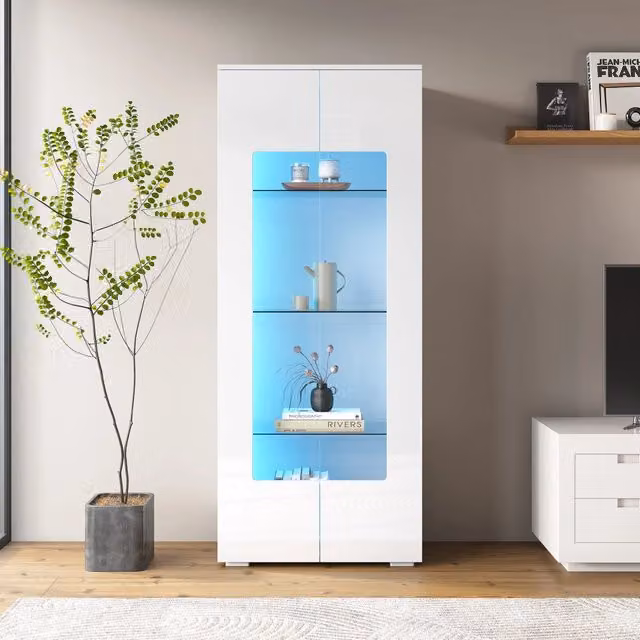 Vetrina REDOM moderna in MDF bianco lucido con ante in vetro e illuminazione integrata L/P/H: 70 x 40 x 173 cm