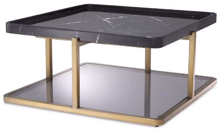 Tavolino Casa Padrino color ottone / nero / grigio 58 x 58 x h. 27,5 cm - Tavolino da salotto moderno in acciaio inox con piano in marmo e piano in vetro colorato - Mobili