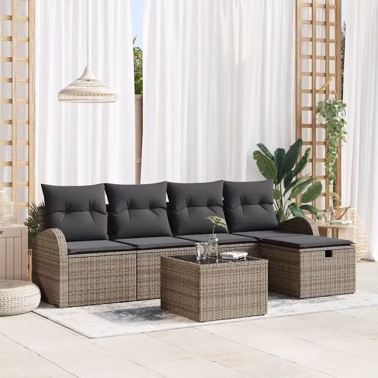 Set Divano da Giardino vidaXL 6 Pezzi a Forma di L Grigio con Cuscini e Tavolino in Polyrattan e Acciaio