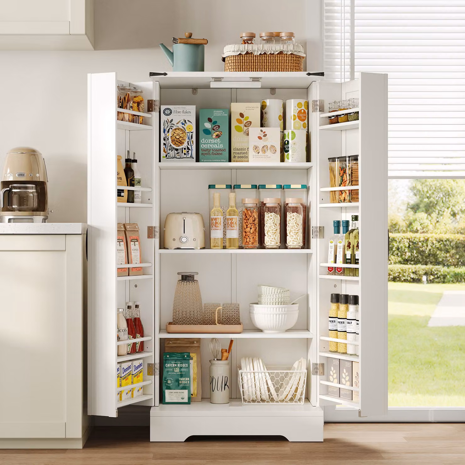 STILVORA mobile da cucina con 2 ante a battente e ripiani regolabili, lavagna con LED e meccanismo antiribaltamento, mobile contenitore per cucina, sala da pranzo e soggiorno, bianco