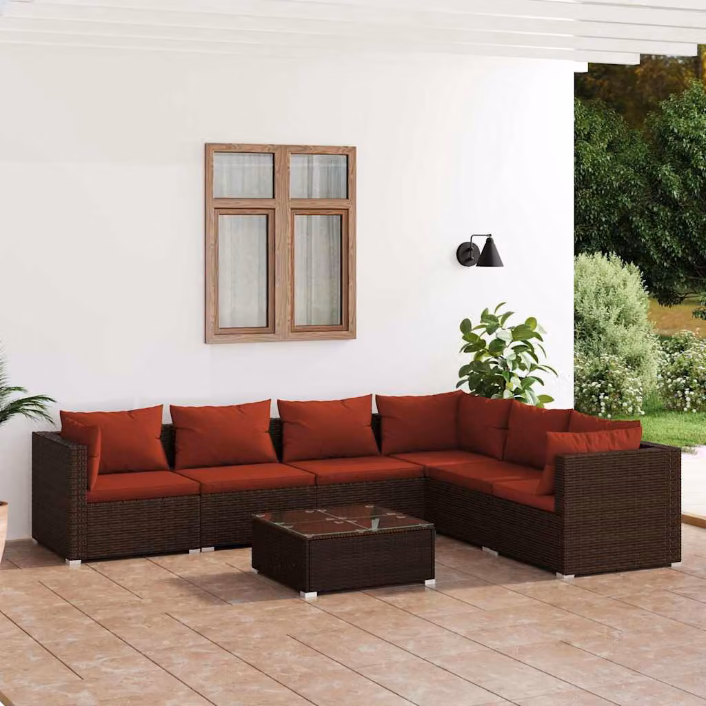 Set da giardino vidaXL composto da 7 pezzi con divani, tavolino e cuscini in polyrattan marrone e struttura in acciaio con sedute imbottite