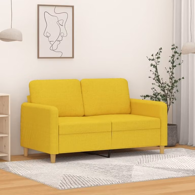 Divano a due posti, colore giallo chiaro, 120 cm, rivestito in tessuto