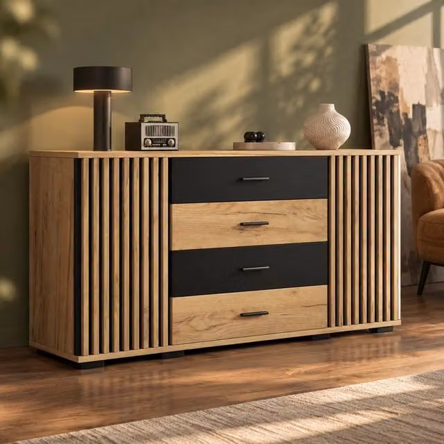Credenza 140 cm in MDF con 4 cassetti e 2 ante
