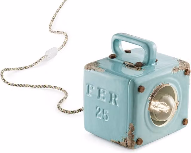 Lumetto Vintage Industrial Cubica Ferro Ceramica Azzurro 1 Luce E27