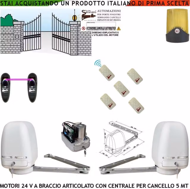 Automatismo Cancello Kit Motori Braccio Articolato 24 V 2 Ante da 0,5 a 2,5 MT Centrale 220/24 V Faro Coppia Fotocellule 5 Radiocomandi