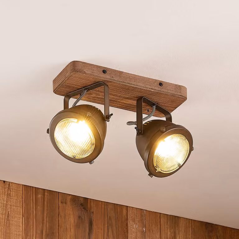 Farovi da soffitto Lindby, nero, 27 cm, a 2 luci, GU10 dimmerabile, Nero, Soggiorno / Sala da pranzo, Legno, Industriale, Faretto