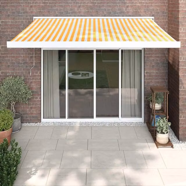Tenda retrattile a bracci con montaggio a parete vidaxl in alluminio e poliestere, colori giallo e bianco, L: 300 cm, P: 250 cm – 1
