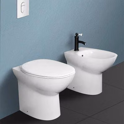 Sanitari filomuro Rimless Morning Rak Ceramics bianco con sedile soft-close e scarico universale