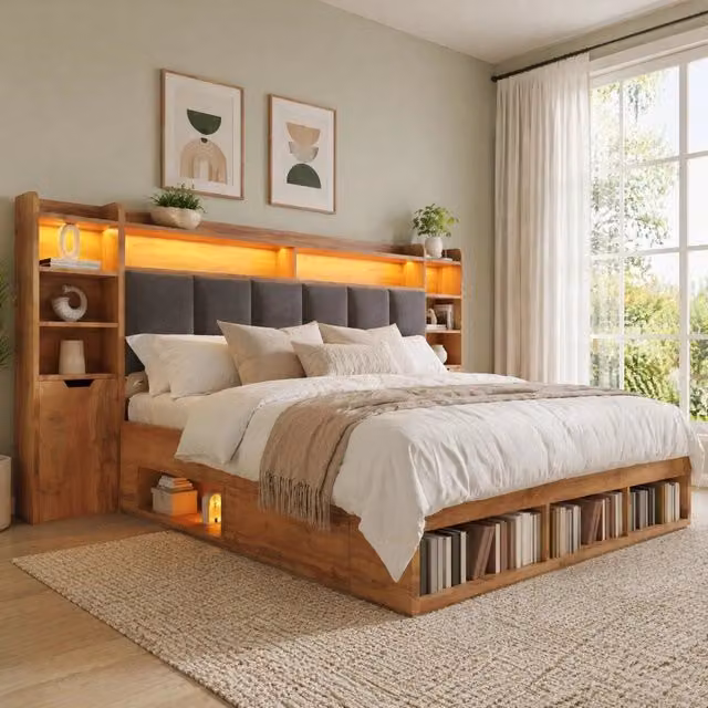 Letto 160x200 cm con LED e prese USB; contenitore e comodini mobili in legno colore quercia