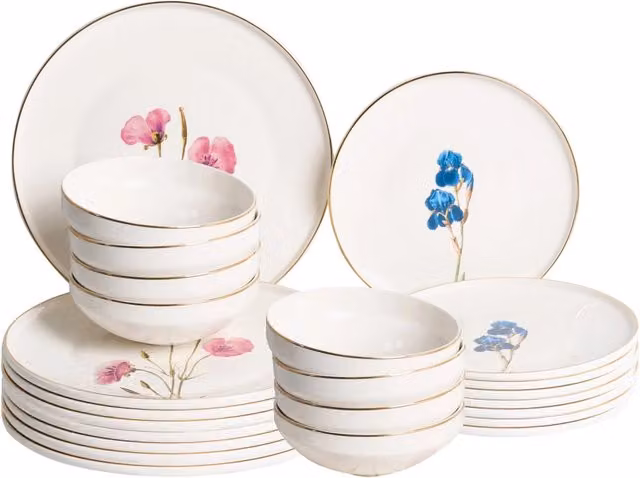Set da 24 stoviglie in porcellana bianca smaltata con motivo floreale multicolore: ciotole e piatti per cucina e sala da pranzo