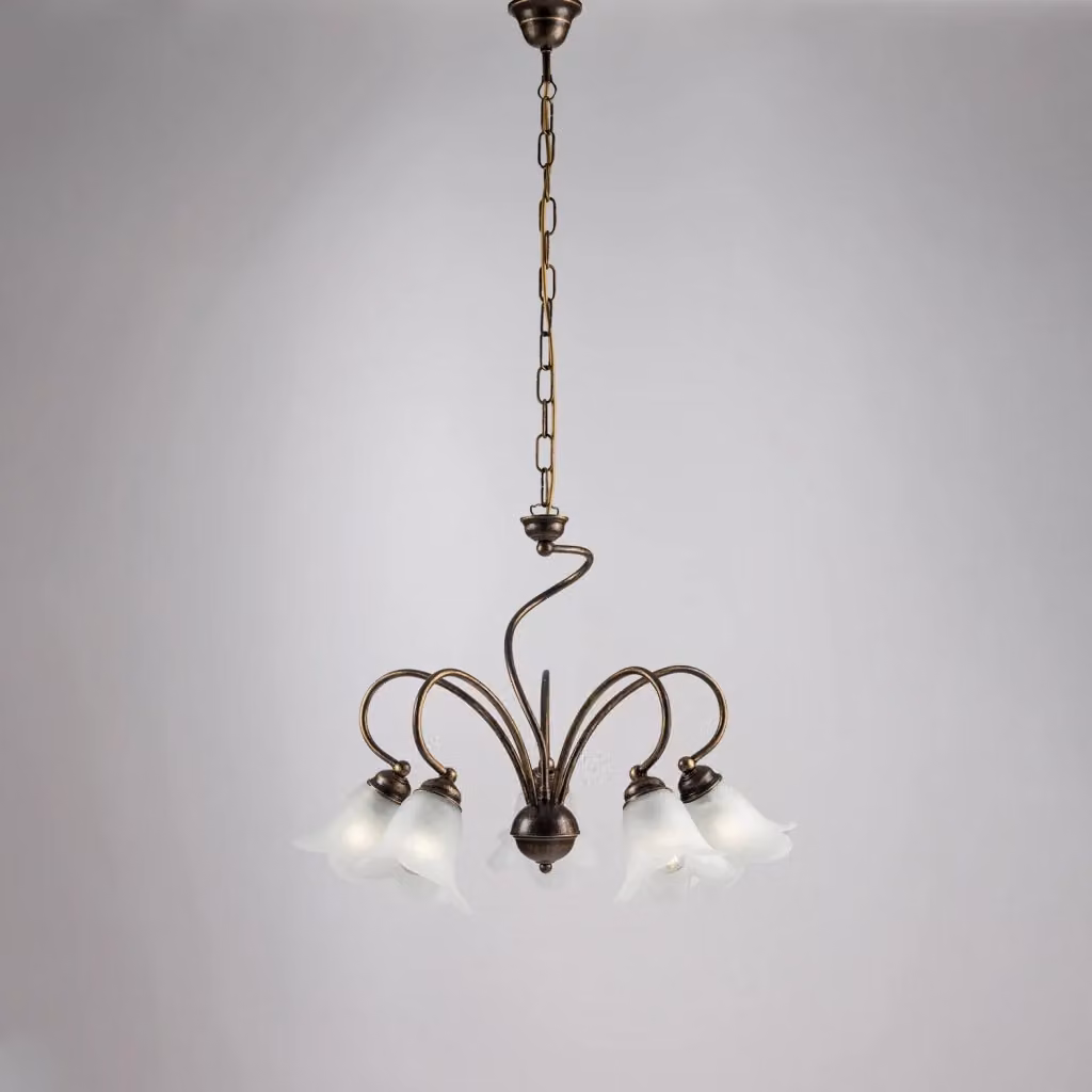 Lampadario a sospensione Alice Belight con 5 luci in metallo marrone e oro e vetro bianco con altezza regolabile – 2