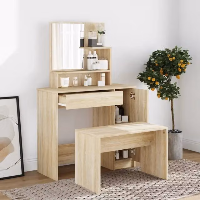 Set Tavolo da Toeletta Moderno vidaXL in Rovere Sonoma, Colore Marrone e Beige, L/P/H: 86,5 x 35 x 136 cm – 1