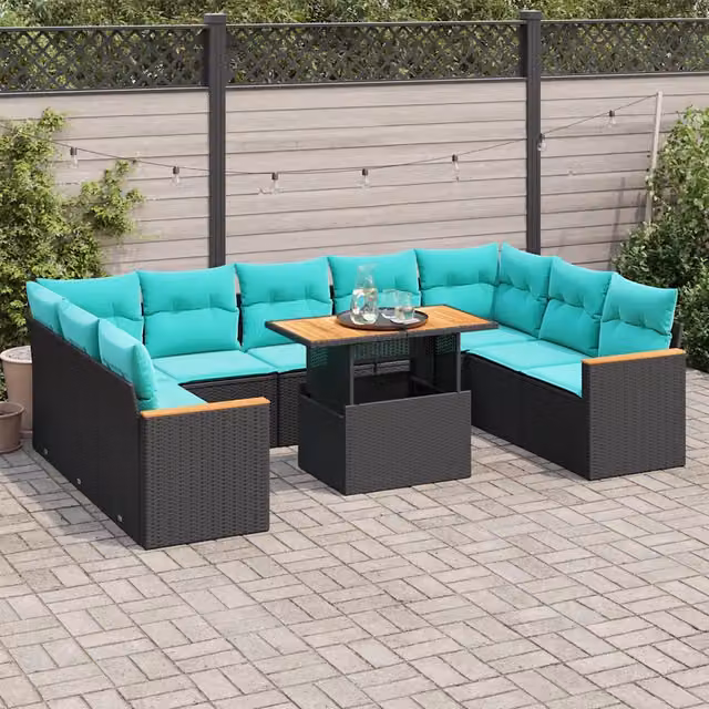 Set Divani da Giardino 10pz con Cuscini in Polyrattan Nero 3327529