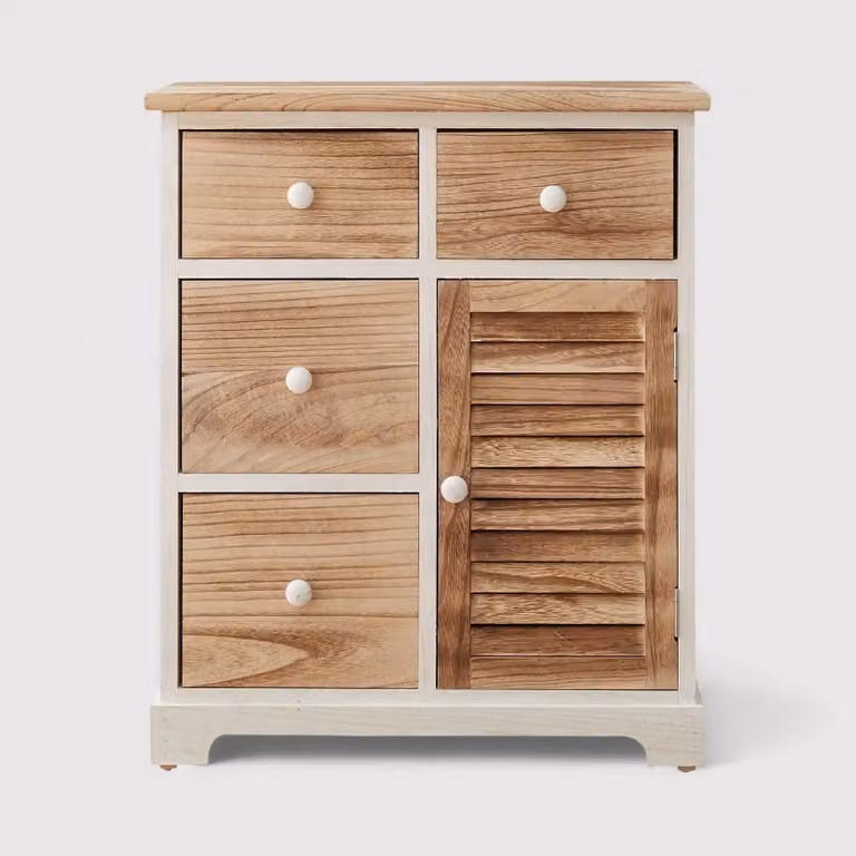 Lino - Credenza bianca con 4 cassetti e 1 anta marroni