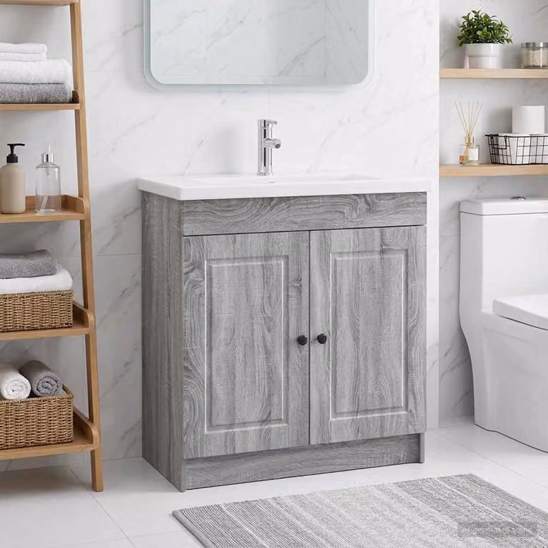 Mobiletto da bagno sotto il lavello vidaXL in stile minimalista, colore grigio e nero, con ante a cerniera e ripiani interni, L/P/H: 81,0 x 37,5 x 56,0 cm