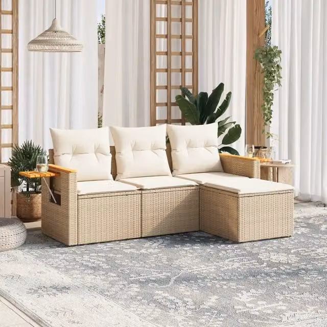 Set Divano da Giardino 4 pz con Cuscini-Sofa da Giardino-Divanetto da esterno Beige in Polyrattan 687093