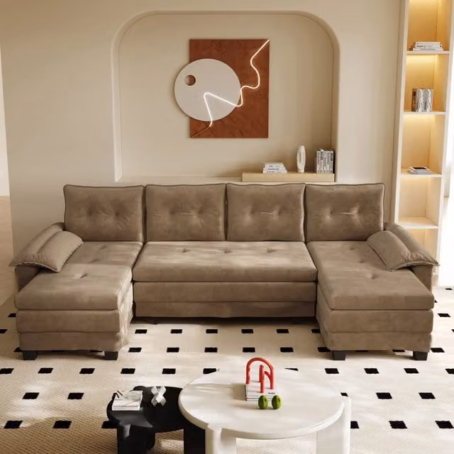 Divano Letto Angolare Modulare ¨C MINIMAL ¨C Tessuto Khaki, con USB, Braccioli Rimovibili, 278 cm