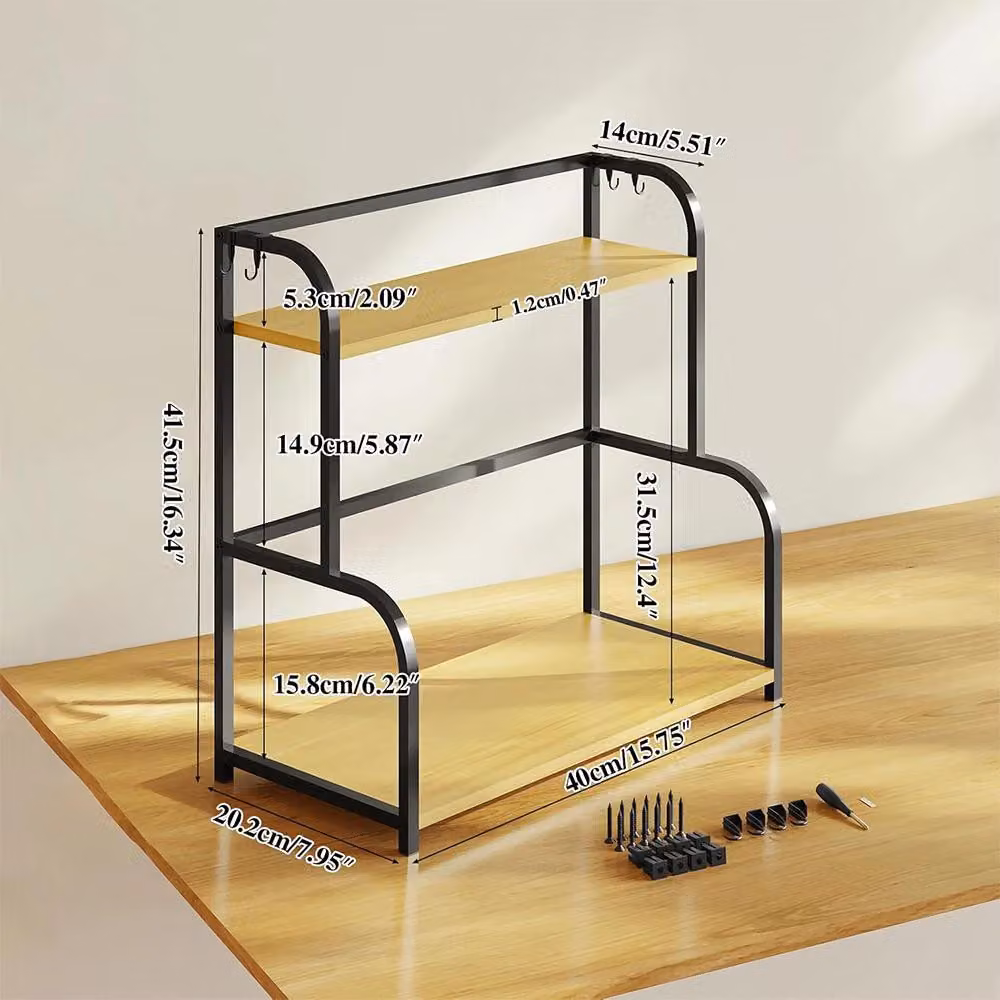 Ripiano portaoggetti - Organizzatore da cucina con 2 livelli - Impilabile - In ferro - Con 4 ganci - Capacità di 15 kg per livello - Stile industriale