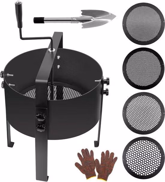 Setaccio da giardino in acciaio inossidabile Unyqoos® da 30 cm, con 4 inserti intercambiabili (3/6/9/12 mm), manovella ergonomica e braccio oscillante senza molle – ideale per setacciare terra, sabbia e compost