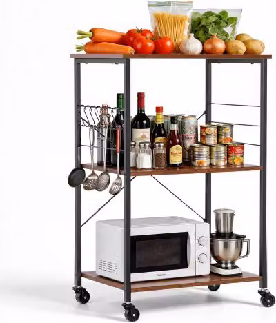 Carrello da cucina VEVOR in metallo nero con 3 ripiani, carrello di servizio con ruote e 8 ganci, portata 55 kg, L: 60,2 cm, P: 40,2 cm, H: 90,2 cm