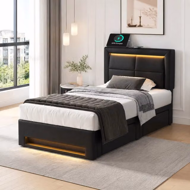 Letto imbottito 90x200 cm con 4 cassetti, illuminazione LED multicolore e porta USB, colore nero con motivo PU litchi, senza materasso