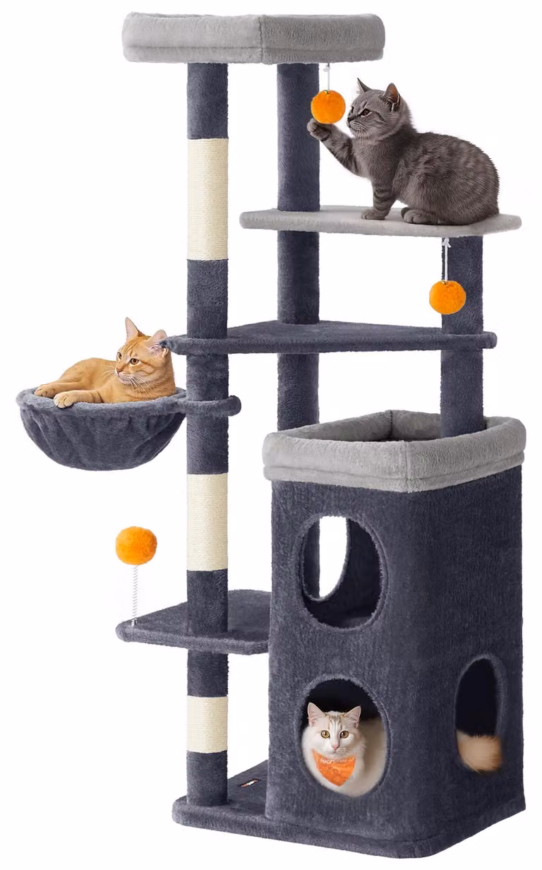 Albero per gatti Feandrea, con 3 grandi piattaforme, una cuccia e un cesto, altezza 150 cm, colore grigio scuro