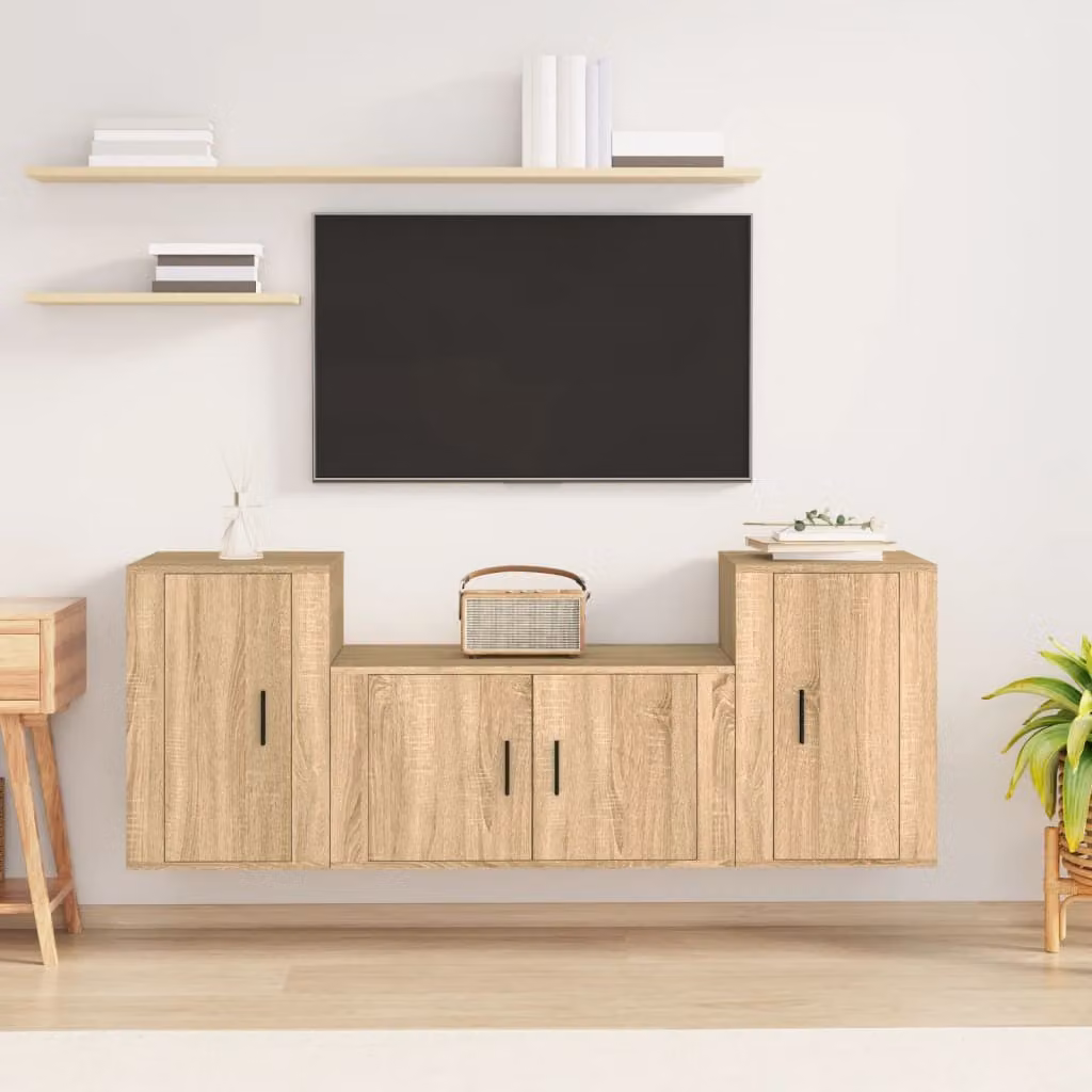 Set di mobili porta TV 3 pezzi vidaXL in legno multistrato color rovere e beige per soggiorno