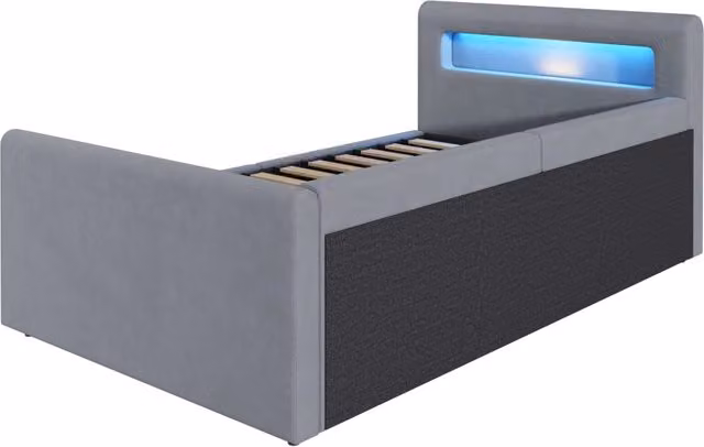 Divano letto contenitore 90x200 cm in velluto con LED; USB; USB-C e schienale reversibile; grigio chiaro