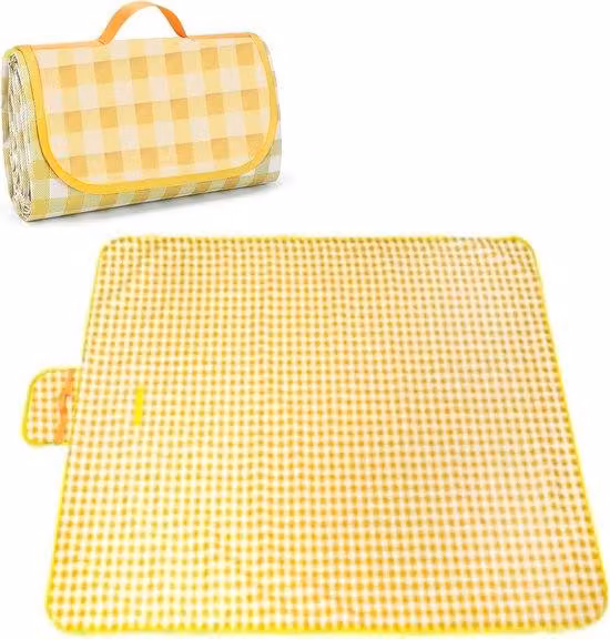 Tappeto da picnic, impermeabile, 200 x 150 cm, con tappetino da spiaggia impermeabile e pieghevole, adatto per 4-6 persone, isolante dal freddo, ideale per la spiaggia, il prato, il campeggio e le escursioni (giallo)