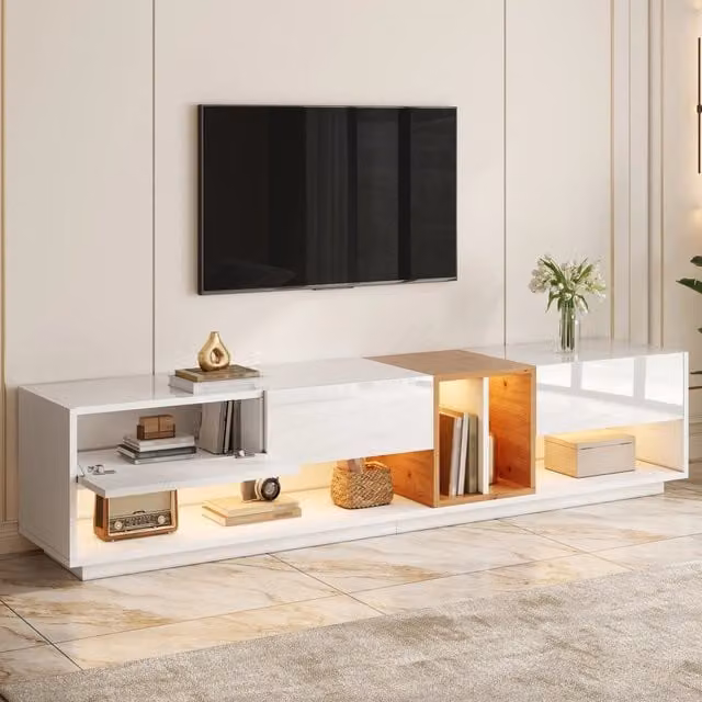 Mobile TV 190x38x42 cm con illuminazione LED controllabile tramite app in pannello truciolare bianco