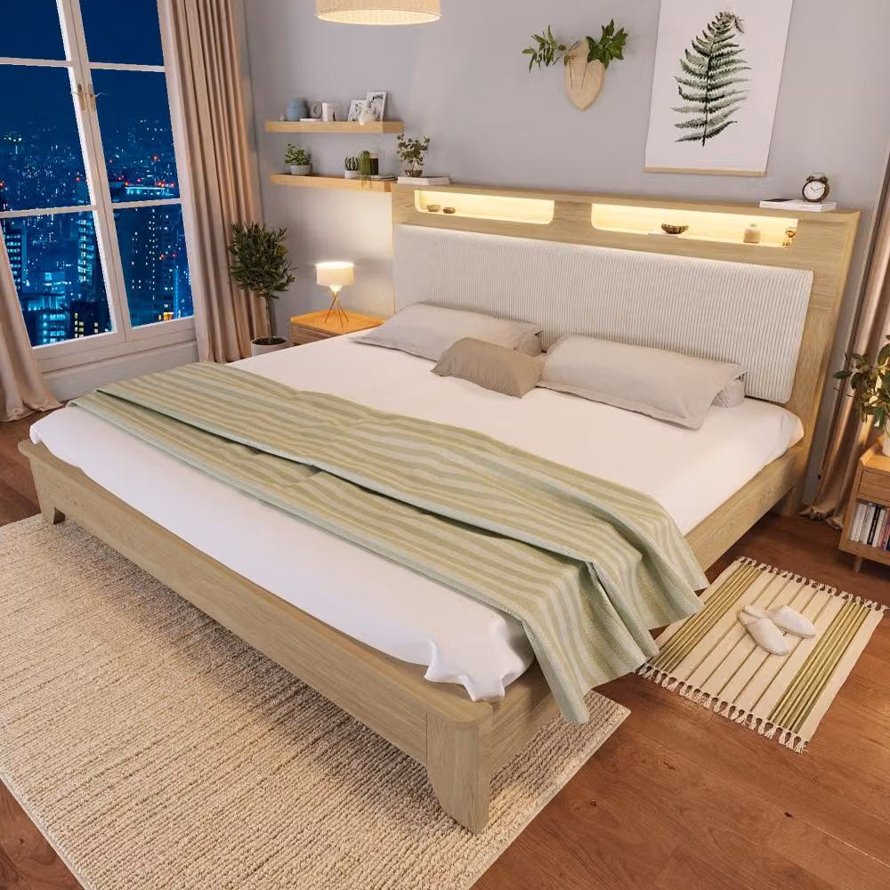 Letto in legno 160x200 cm con illuminazione LED integrata nella testata, testata con spazio contenitivo e schienale imbottito in tessuto corda, disponibile nei colori noce/beige