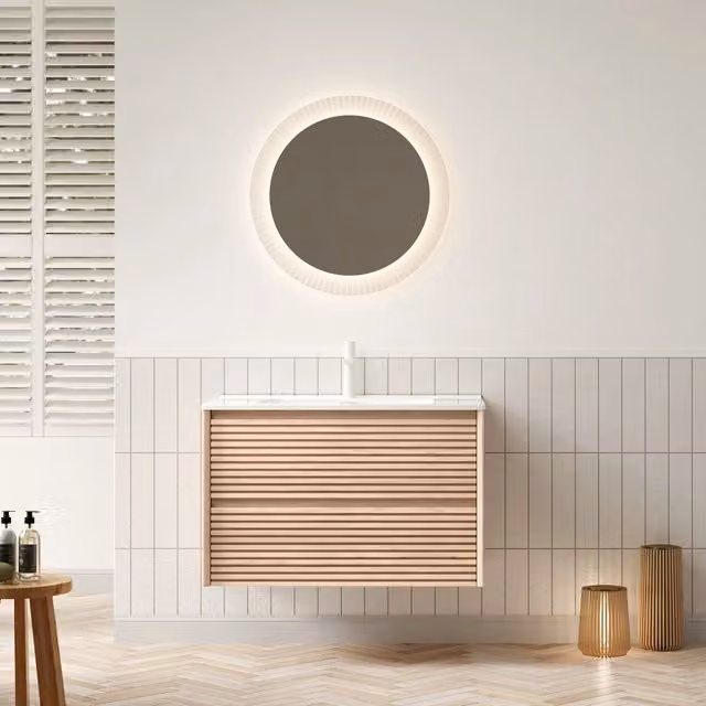 Mobile lavabo da bagno 81 cm con lavandino in ceramica bianco, mobile in compensato striato color noce cannella con 2 cassetti, preassemblato