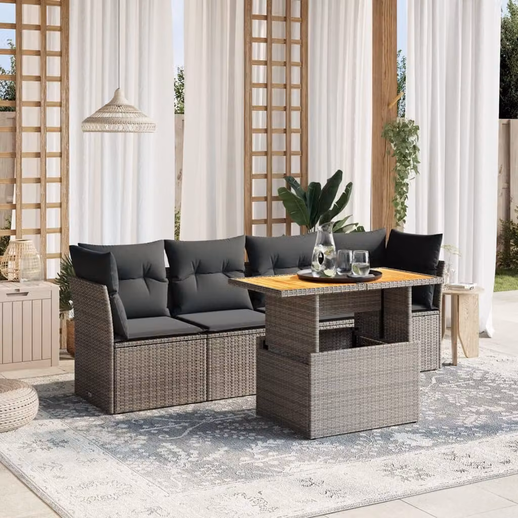 vidaXL Set Divano da Giardino a L in Polyrattan Grigio con Cuscini e Tavolino da Esterno – 1