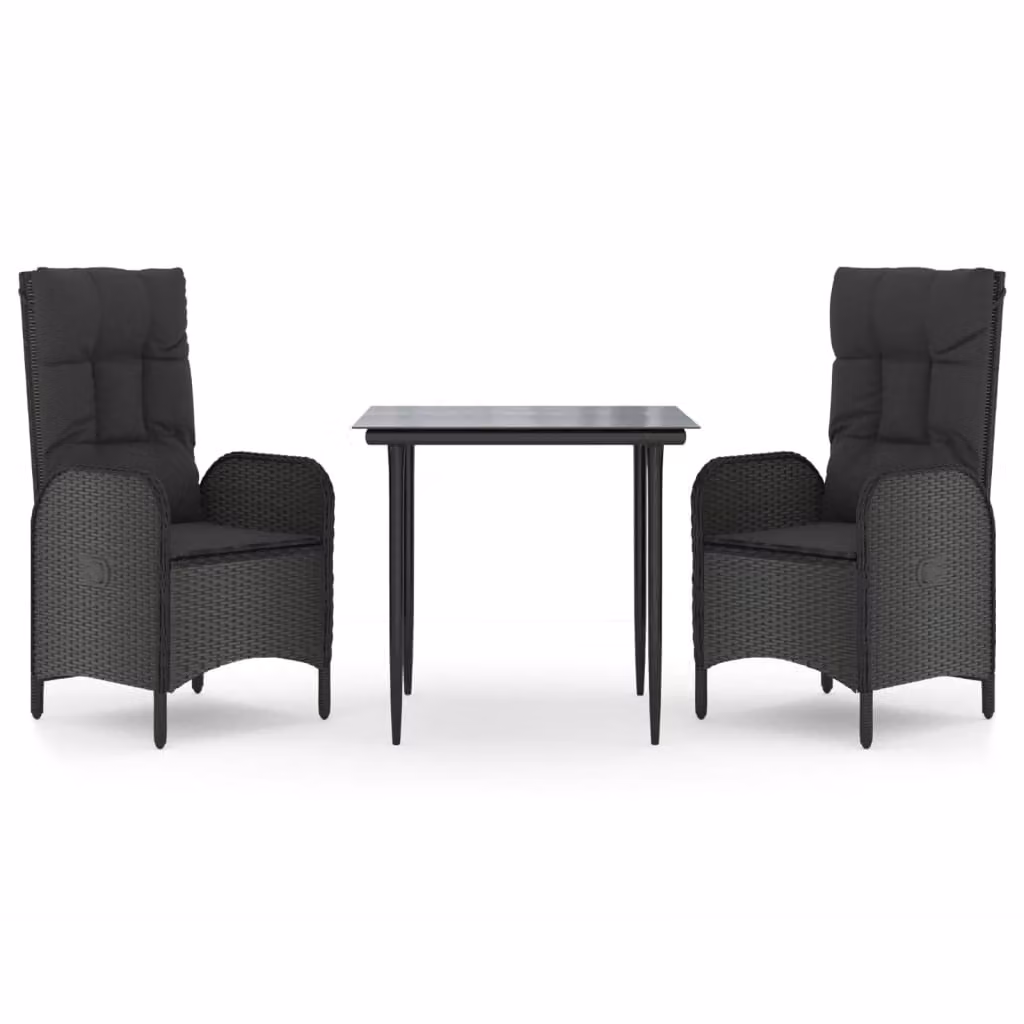 Set da Pranzo da Giardino 3 pz con Cuscini Nero in Polyrattan