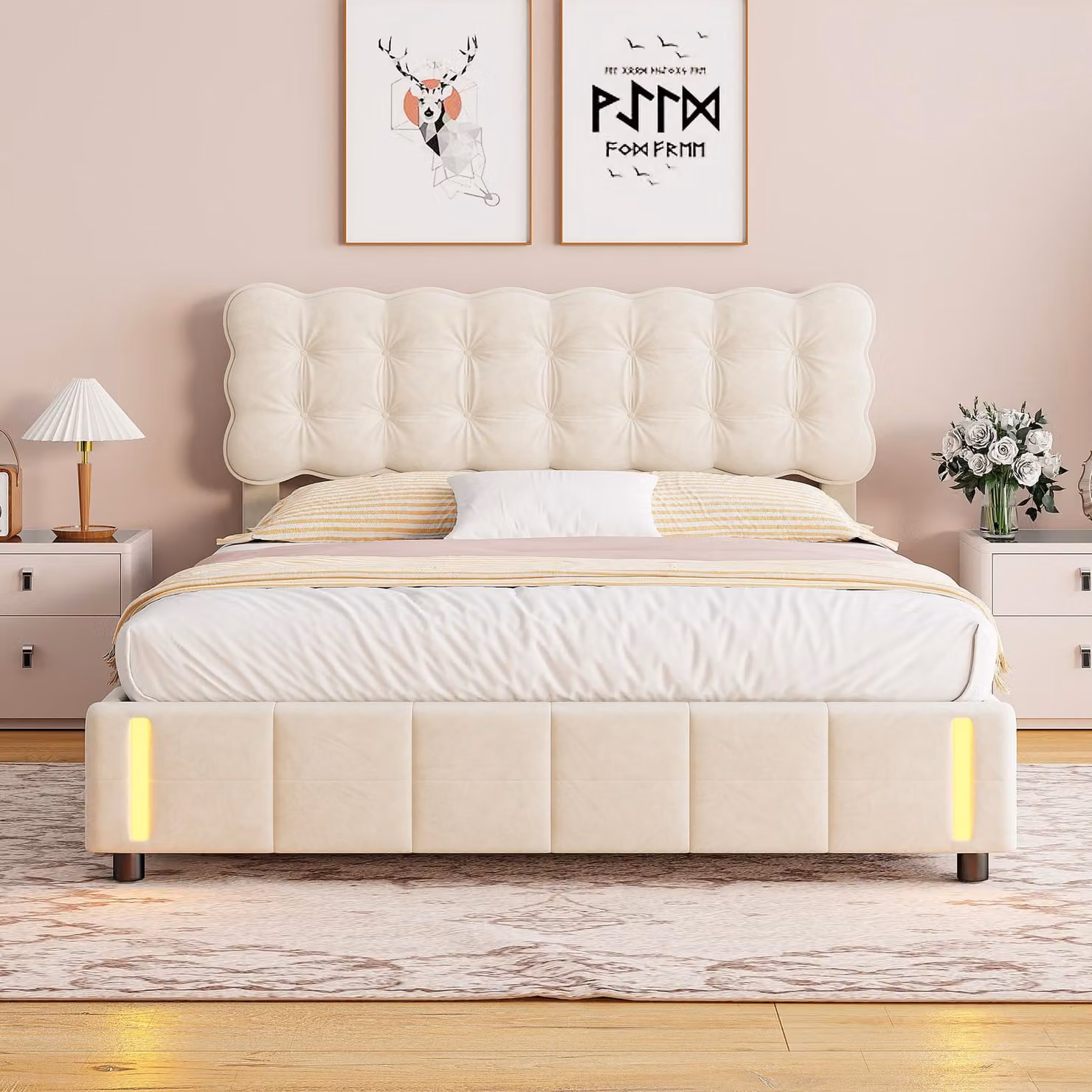 Letto imbottito Fortuna Lai 140x190 cm con luce LED sensorizzata, letto matrimoniale boxspring con contenitore, letto per ragazzi in legno con rete a doghe, velluto, beige