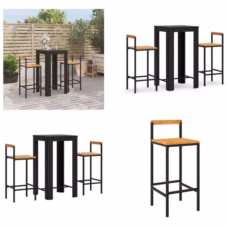 vidaXL Set bar da giardino 3 pezzi in poly rattan nero e legno massiccio di acacia - Set bar da giardino - Set bar da giardino - Set bar da giardino - Bar da giardino