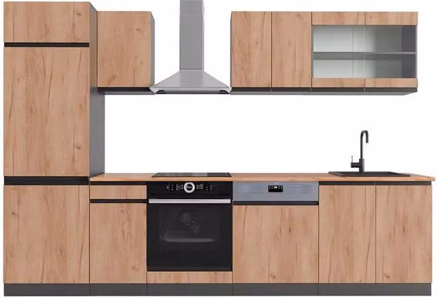 Cucina componibile moderna Vicco R-Line J-Shape in Rovere dorato e Antracite, L: 300 cm – 1