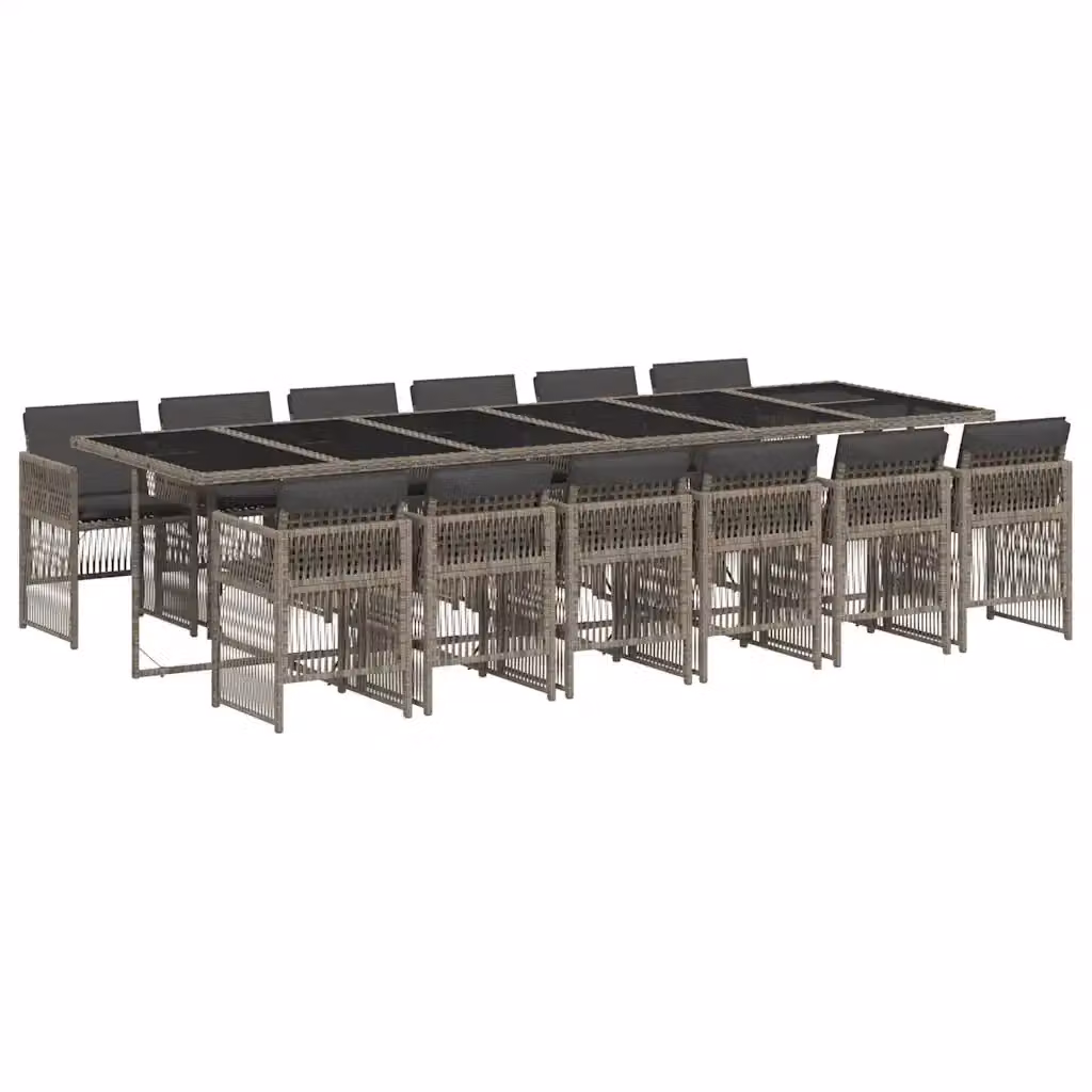 Set da pranzo da giardino vidaXL in polyrattan con cuscini e tavolo in vetro, 13 pezzi, Grigio e Nero – 2