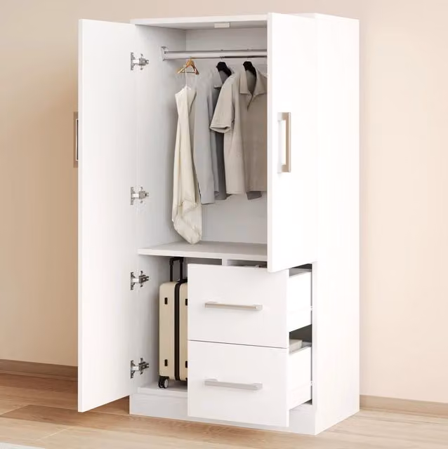 Armadio 70x40x135 cm bianco in legno con 2 cassetti e vano